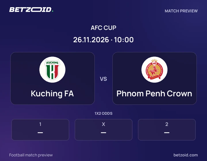 Kuching FA - Phnom Penh Crown Kuching FA vs Phnom Penh Crown: AFC Cup match preview with team badges and kick-off details.