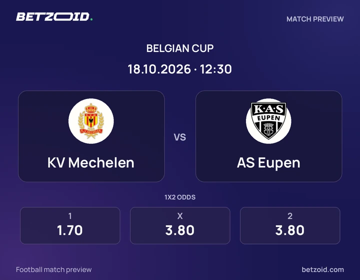 KV Mechelen - AS Eupen KV Mechelen vs AS Eupen: Belgian Cup match preview with team badges and kick-off details.