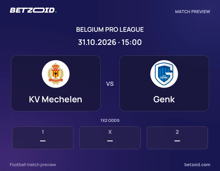 KV Mechelen vs Genk: Belgium Pro League match preview with team badges and kick-off details.
