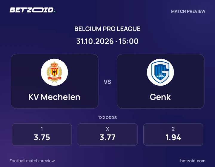 KV Mechelen - Genk KV Mechelen vs Genk: Belgium Pro League match preview with team badges and kick-off details.