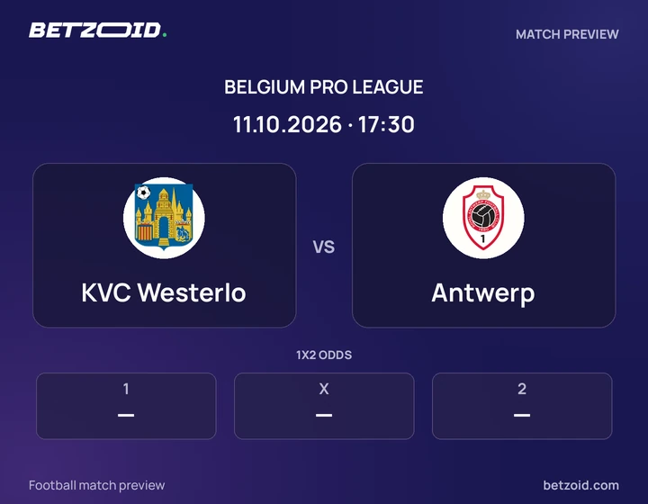 KVC Westerlo vs Antwerp: Belgium Pro League match preview with team badges and kick-off details.