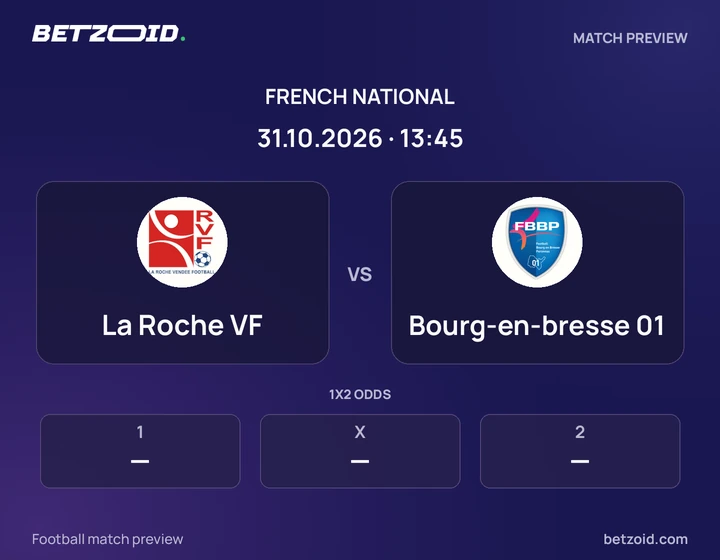 La Roche VF - Bourg-en-bresse 01 La Roche VF vs Bourg-en-bresse 01: French National match preview with team badges and kick-off details.