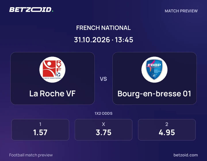 La Roche VF - Bourg-en-bresse 01 La Roche VF vs Bourg-en-bresse 01: French National match preview with team badges and kick-off details.