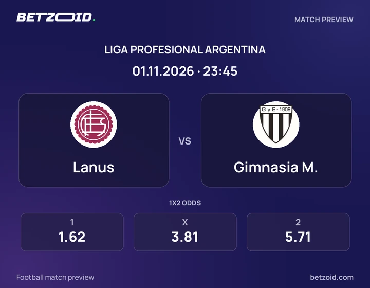 Lanus - Gimnasia M. Lanus vs Gimnasia M.: Liga Profesional Argentina match preview with team badges and kick-off details.