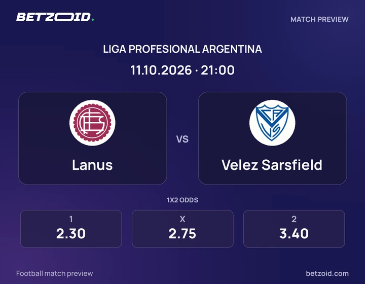 Lanus vs Velez Sarsfield: Liga Profesional Argentina match preview with team badges and kick-off details.