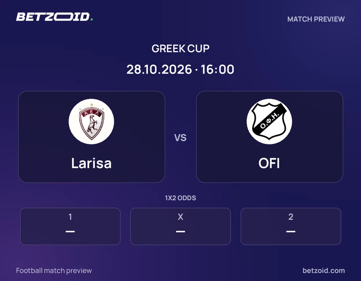 Larisa vs OFI: Greek Cup match preview with team badges and kick-off details.