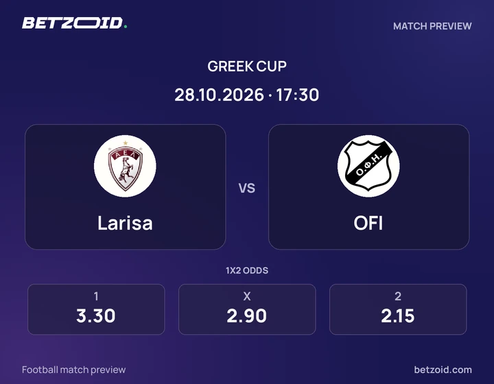 Larisa - OFI Larisa vs OFI: Greek Cup match preview with team badges and kick-off details.