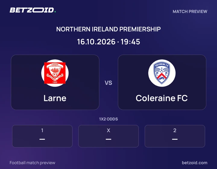 Larne vs Coleraine FC: Northern Ireland Premiership match preview with team badges and kick-off details.