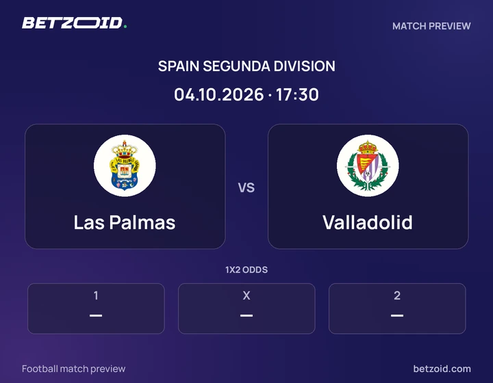 Las Palmas vs Valladolid: Spain Segunda Division match preview with team badges and kick-off details.
