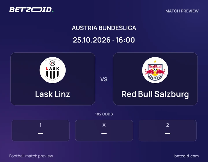 Lask Linz vs Red Bull Salzburg: Austria Bundesliga match preview with team badges and kick-off details.