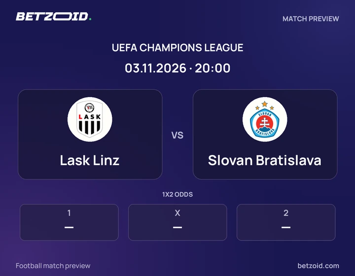 Lask Linz - Slovan Bratislava Lask Linz vs Slovan Bratislava: UEFA Champions League match preview with team badges and kick-off details.