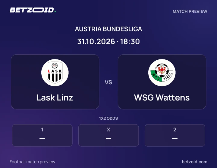 Lask Linz vs WSG Wattens: Austria Bundesliga match preview with team badges and kick-off details.