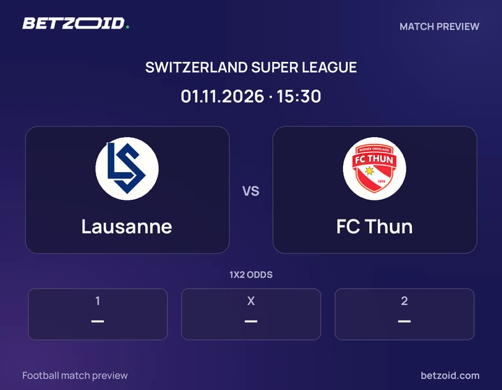 Lausanne vs FC Thun: Switzerland Super League match preview with team badges and kick-off details.