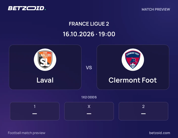 Laval - Clermont Foot Laval vs Clermont Foot: France Ligue 2 match preview with team badges and kick-off details.