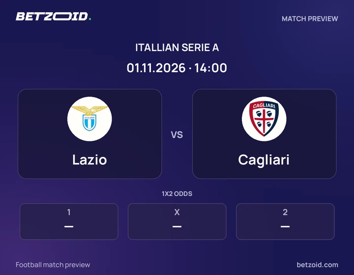 Lazio vs Cagliari: Itallian Serie A match preview with team badges and kick-off details.