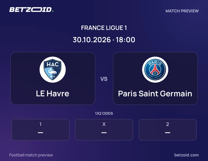 LE Havre vs Paris Saint Germain: France Ligue 1 match preview with team badges and kick-off details.
