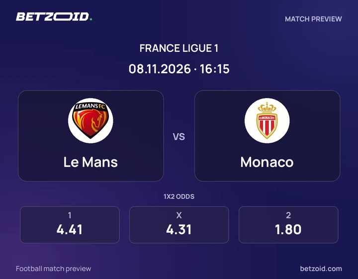 Le Mans – Monaco : présentation du match de Ligue 1 avec les logos des équipes et l’horaire du coup d’envoi.