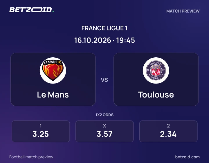 Le Mans – Toulouse Le Mans – Toulouse : présentation du match de Ligue 1 avec les logos des équipes et l’horaire du coup d’envoi.