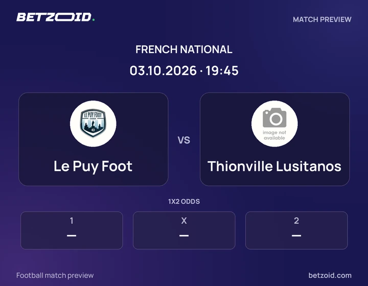 Le Puy Foot vs Thionville Lusitanos: French National match preview with team badges and kick-off details.