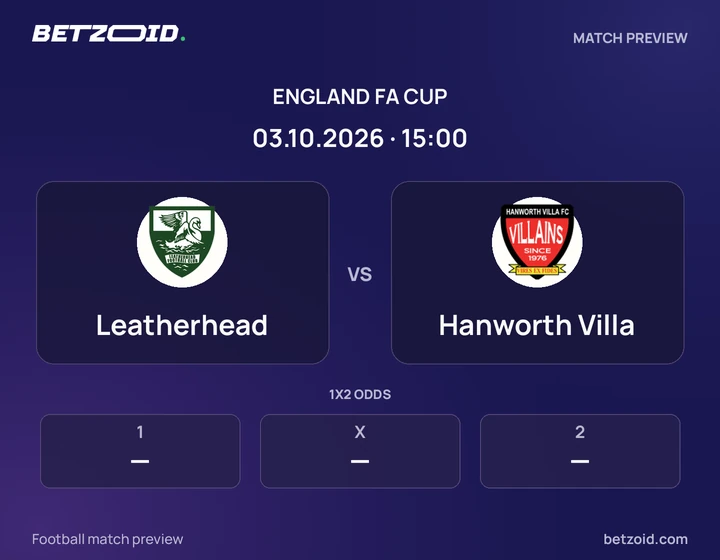 Leatherhead vs Hanworth Villa: England FA Cup match preview with team badges and kick-off details.