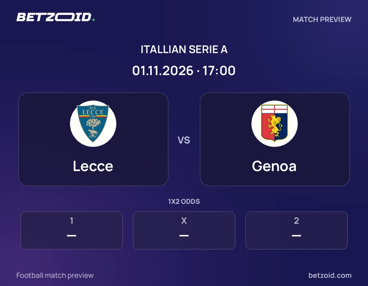 Lecce vs Genoa: Itallian Serie A match preview with team badges and kick-off details.