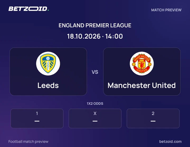 Leeds vs Manchester United: England Premier League match preview with team badges and kick-off details.
