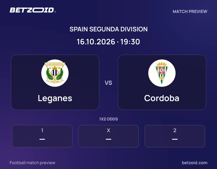 Leganes vs Cordoba: Spain Segunda Division match preview with team badges and kick-off details.