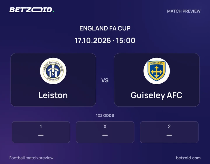Leiston vs Guiseley AFC: England FA Cup match preview with team badges and kick-off details.