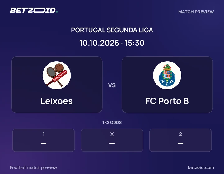 Leixoes vs FC Porto B: Portugal Segunda Liga match preview with team badges and kick-off details.