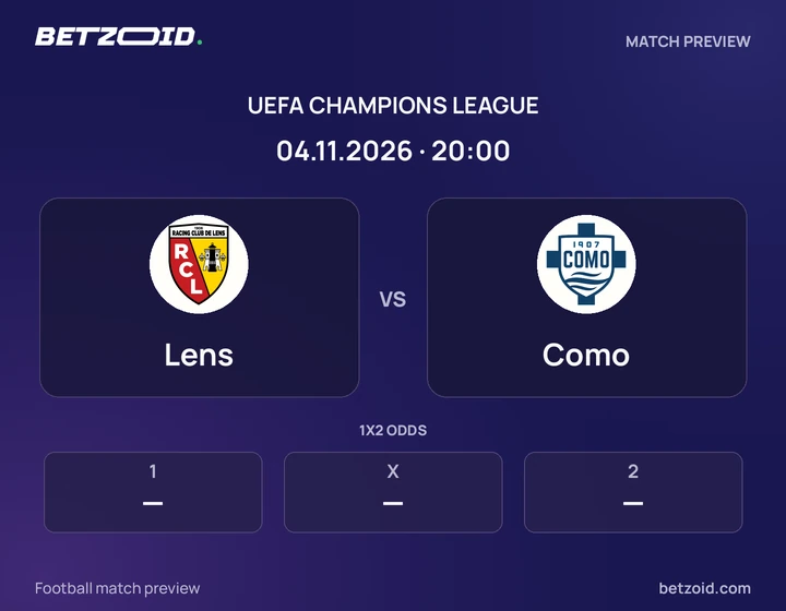 Lens vs Como: UEFA Champions League match preview with team badges and kick-off details.