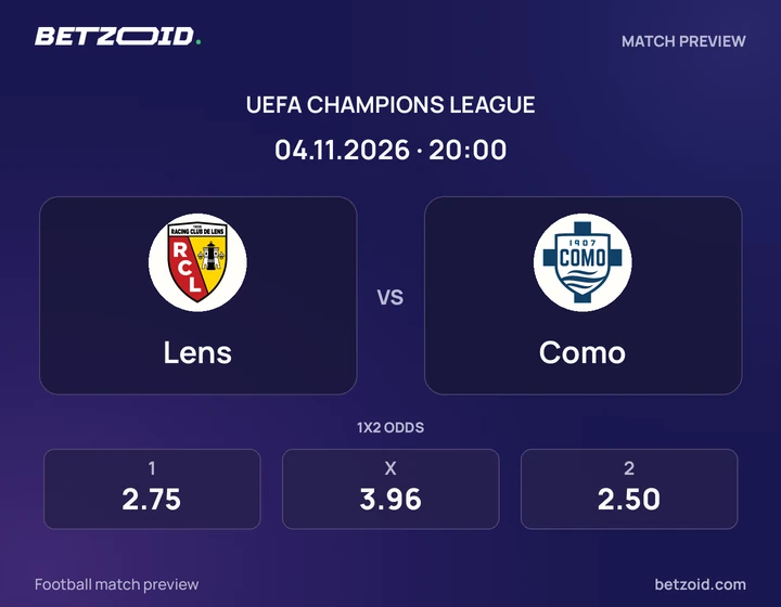 Lens – Como Lens – Como : présentation du match de Ligue des champions avec les logos des équipes et l’horaire du coup d’envoi.
