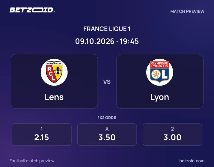 Lens vs Lyon: France Ligue 1 match preview with team badges and kick-off details.