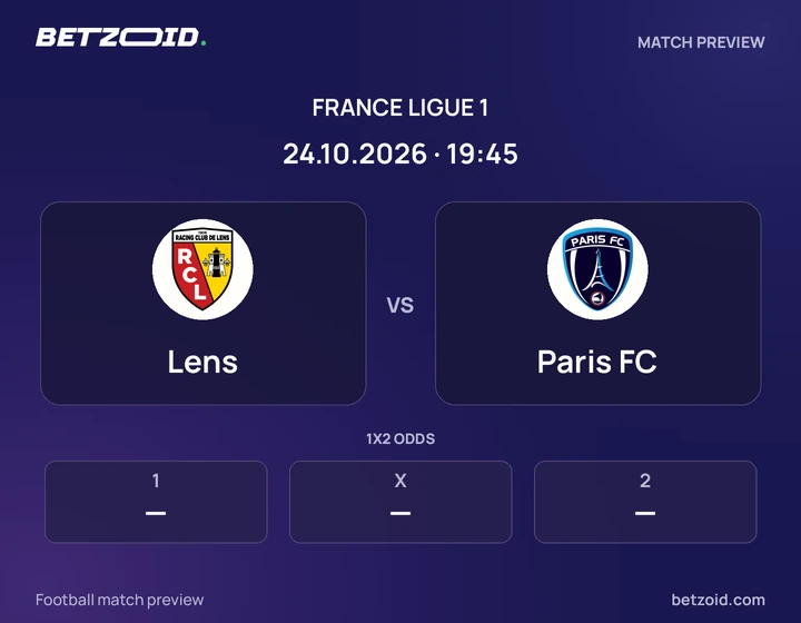 Lens vs Paris FC: France Ligue 1 match preview with team badges and kick-off details.