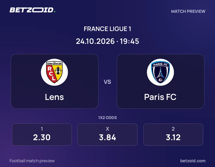 Lens – Paris FC Lens – Paris FC : présentation du match de Ligue 1 avec les logos des équipes et l’horaire du coup d’envoi.
