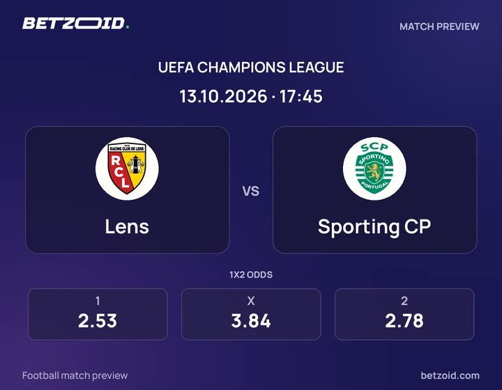 Lens – Sporting Portugal Lens – Sporting Portugal : présentation du match de Ligue des champions avec les logos des équipes et l’horaire du coup d’envoi.