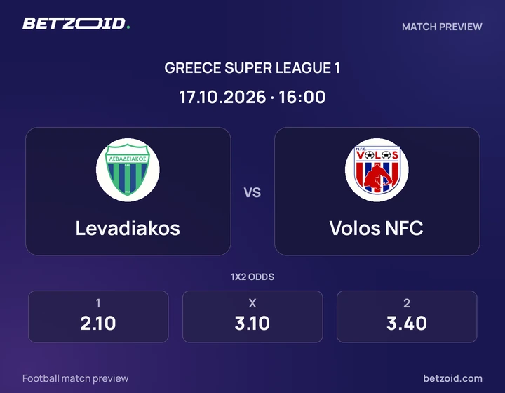 Levadiakos vs Volos NFC: Greece Super League 1 match preview with team badges and kick-off details.