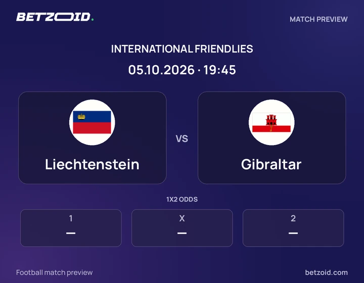 Liechtenstein vs Gibraltar: International Friendlies match preview with team badges and kick-off details.