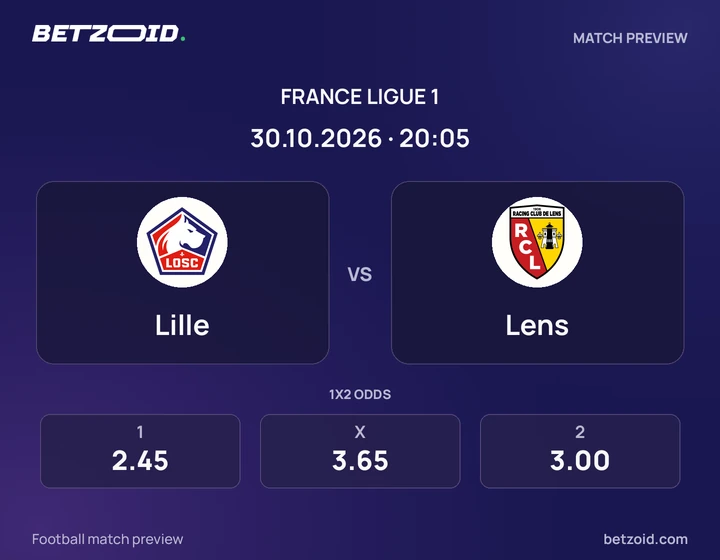 Lille – Lens Lille – Lens : présentation du match de Ligue 1 avec les logos des équipes et l’horaire du coup d’envoi.
