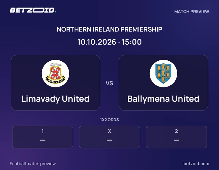 Limavady United vs Ballymena United: Northern Ireland Premiership match preview with team badges and kick-off details.