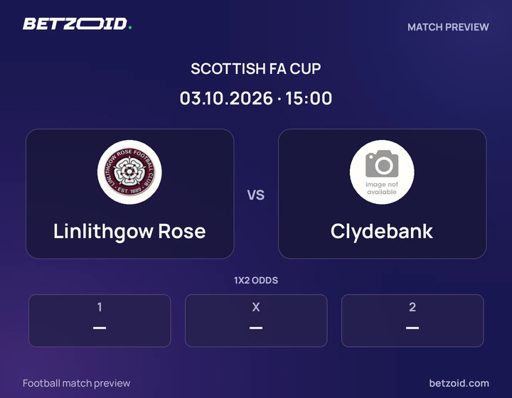 Linlithgow Rose - Clydebank Linlithgow Rose vs Clydebank: Scottish FA Cup match preview with team badges and kick-off details.
