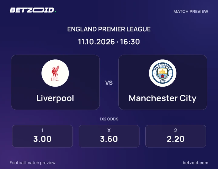Liverpool vs Manchester City: England Premier League match preview with team badges and kick-off details.