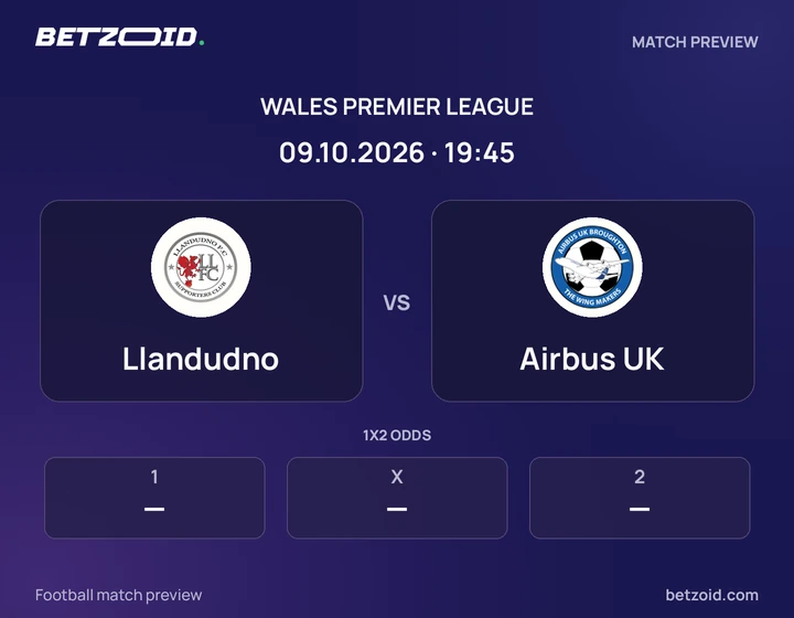 Llandudno vs Airbus UK: Wales Premier League match preview with team badges and kick-off details.