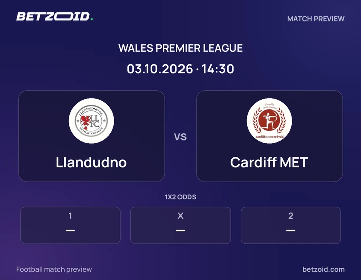 Llandudno vs Cardiff MET: Wales Premier League match preview with team badges and kick-off details.