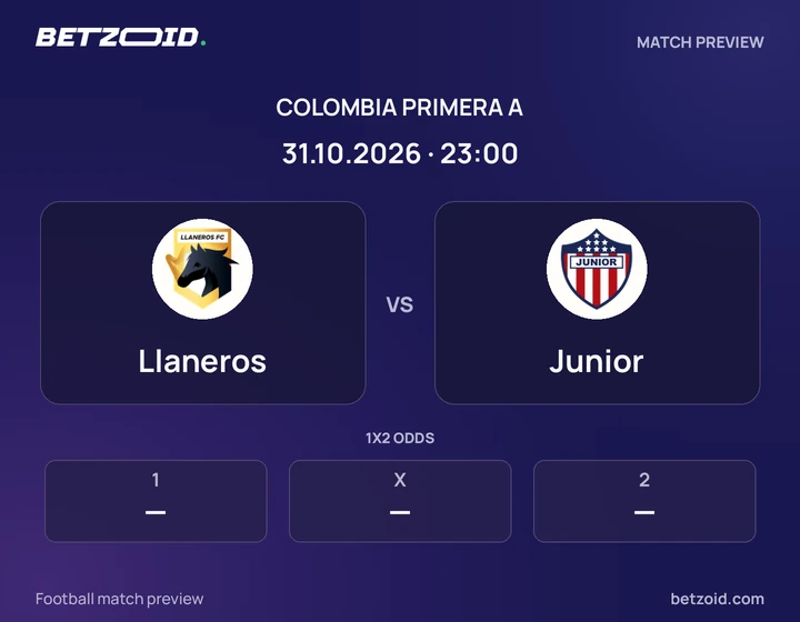 Llaneros vs Junior: Colombia Primera A match preview with team badges and kick-off details.