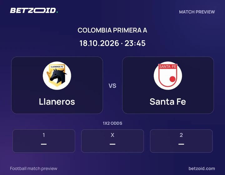 Llaneros vs Santa Fe: Colombia Primera A match preview with team badges and kick-off details.
