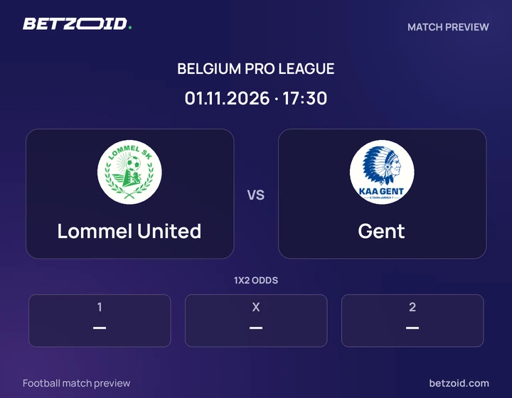 Lommel United vs Gent: Belgium Pro League match preview with team badges and kick-off details.