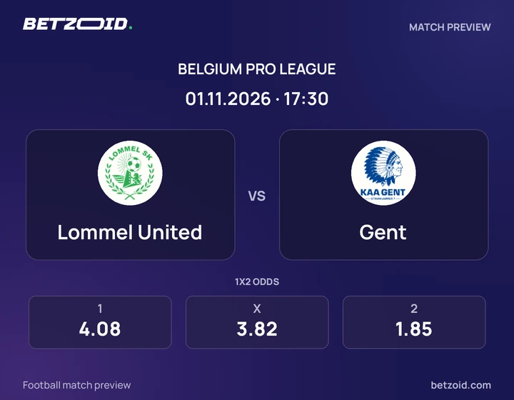 Lommel United - Gent Lommel United vs Gent: Belgium Pro League match preview with team badges and kick-off details.