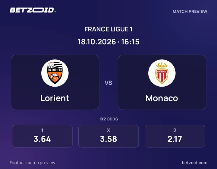 Lorient – Monaco Lorient – Monaco : présentation du match de Ligue 1 avec les logos des équipes et l’horaire du coup d’envoi.