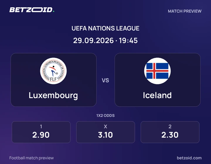 Luxembourg vs Iceland: UEFA Nations League match preview with team badges and kick-off details.