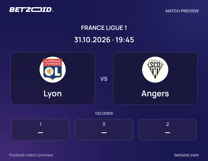 Lyon vs Angers: France Ligue 1 match preview with team badges and kick-off details.